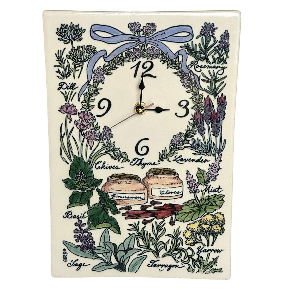 Vintage Santa Barbara Ceramic pottery wall clock TESTED herbs garden ribbon 12x8